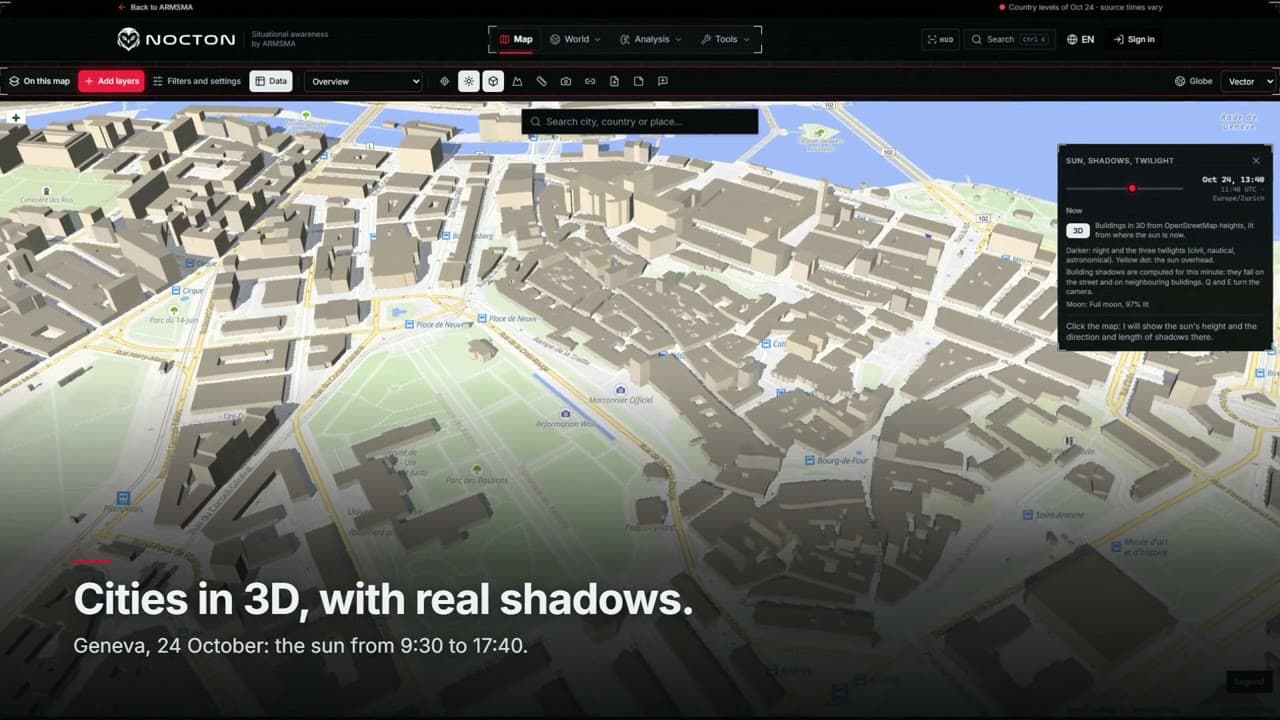 Nocton in 48 seconds: a map of Europe's risks, a country page, Geneva in 3D with sun shadows, the view from the Salève, Europe at night and the anomaly analysis